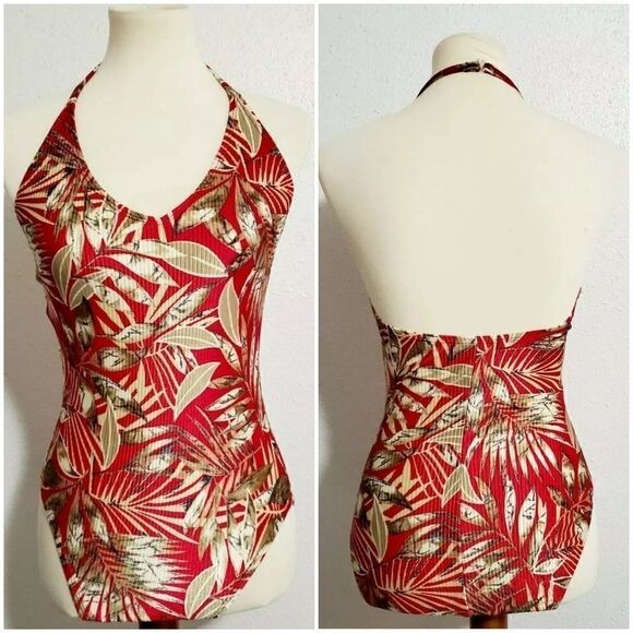 Catalina Red Leaf Print One Piece Swimsuit  Size L - Picture 1 of 10